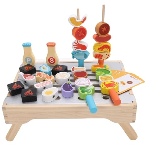Drfeify Set Barbecue Giocattolo da Esterno, Giochi da Cucina per Bambini, Adatto per Bambine di 1 2 3 4 5 Anni, Set da Gioco per Barbecue in Legno, Design Realistico della Griglia, Costruzione per