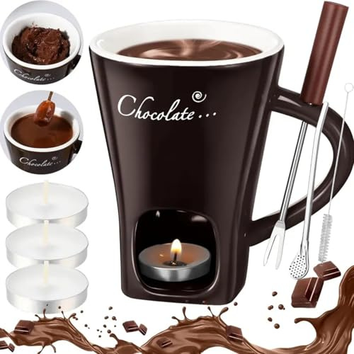Multifunktionaler Fonduebecher Aus Keramik, 2025 Neu Schmelzende Süße Schokofondue Tasse, Fondue Tasse mit Teelicht&Gabel, Schoko Fondue Set, für Käse,Schokolade,Butter Und Karamell (Brown,B)