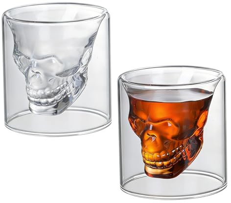Tbintul 2 Stück Totenkopf Gläser,Doppelwandige Kaffeegläser,Doppelwandige Gläser Latte Macchiato Ideal für Whisky Wodka Absinth Kaffee Bier Tee (250ML)