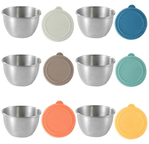 EUREKORA 6 Stück Edelstahl Dressing Behälter mit Silikon Deckel 80ml Mini Dip Behälter Dose Mehrweg Auslaufsichere Kleine Dosen Bento Box Mikrowellen Gefrierfachgeeignet für Snack Dips Salat Gewürze