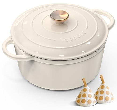 Topbooc Gusseisen Topf Brot Backen, 26cm 5L Dutch Oven Cremeweiß mit Deckel | Backofen, Gas, Elektro, Induktion, Emaille Brotbackform mit Hitzebeständigen Topflappen aus Baumwolle für Familie