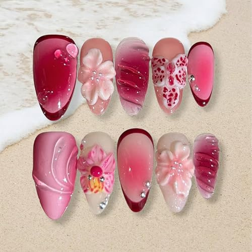 Nymora Press On Nails - 30pcs Short French Tip False Nails with Floral Design, Handmade Unique Fake Nails, Thick Acrylic Multi-Layer Gel Nail Art Kit