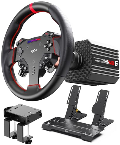 PXN VD6 Direct Drive Racing Wheel Bundle – 6Nm Servo Motor Base, 11 in Steering Wheel with Quick Release, Hall Effect Pedals, Table Clamp, PC Tuning Software Support, Racing Simulator Set for Windows