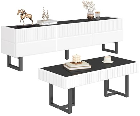 Ensemble Meuble TV et Table Basse Moderne en Noir et Blanc, Design Minimaliste, Rangement avec Compartiments et Tiroirs, Idéal pour Salon, Meuble de Rangements de Luxe, 170x35x47 cm