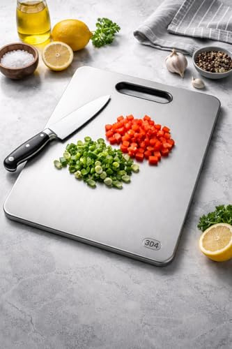 304 Stainless Steel Chopping Board 35x25cm – 1.5mm Thick Heavy Duty Metal Cutting Board with Handle – Hygienic Rust Resistant Kitchen Chopping Board for Meat, Vegetables & Fruit