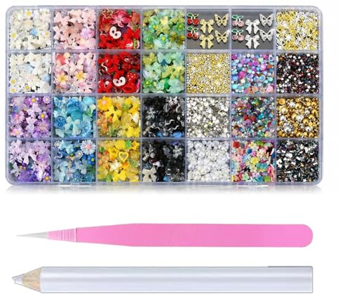 Tastetreasure 9000Pcs Nail Art Charms and Gems Kit, 28 Grids 3D Nail Decorations Set, Colorful Rhinestones Bows Butterfly Star Pearls Flatback Crystals for DIY Manicure and Crafts