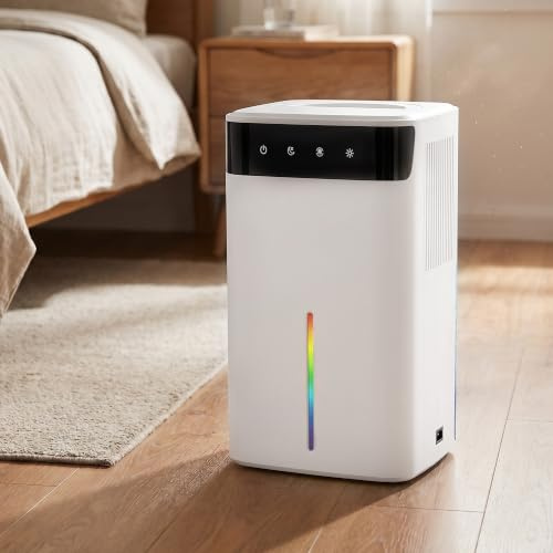 Mini Deumidificatore Elettrico 2600ML, Deumidificatore Portatile con Modalità Notte Silenziosa 40 dB, Luce LED Multicolore e Funzione di Sbrinamento, per Bagno, Camera da Letto, Cantina e Casa