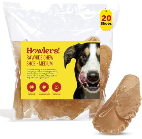 Howlers Natural Rawhide Dog Chew Shoes, 12.5 cm, Pack of 20 | Long-lasting chew, Helps reduce boredom, Encourages chewing habits, Keeps pets occupied, Ideal for daily enrichment