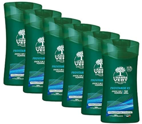 L'Arbre Vert Bien-être Douche Homme 3 en1 Visage Corps Cheveux Parfum Fraicheur Intense + Provitamine B5 - Hypoallergénique et pH Neutre - 95% d'ingrédients d'origine naturelle - 250mL - pack de 6