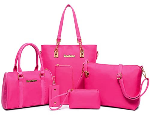 FiveloveTwo Damen Nylon 6-teiliges Schultertaschen Set Shopper Umhängetasche Geldbeutel Tote Taschen Henkeltaschen Clutches Geldbörsen Schlüsselhalter Shoulder Bag Rose