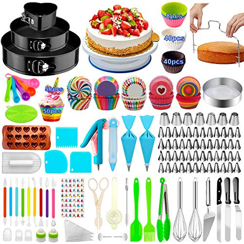 Taiker Multicolor 493 Pcs Cake Decorating Kit - 4 Sizes Springform Cake Pans, Rotating Turntable, 48 Icing Tips, 7 Russian Nozzles, Baking Supplies, Cupcake Decorating Kit