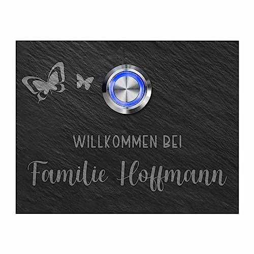 Haustürklingel aus Naturschiefer mit beleuchtetem Klingeldrücker - Klingel Modell Hoffmann ab 9x7 cm | Personalisierte Türklingel mit Wunschgravur und Motiv