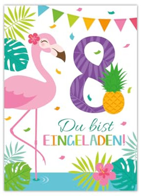 Junaversum 12 Einladungskarten zum 8. Geburtstag Kinder achte Kindergeburtstag Mädchen Flamingo
