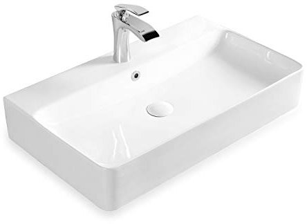 Aufsatzwaschbecken Hängewaschbecken Keramik Waschbecken in Brillant Weiß Handwaschbecken Eckig Waschtisch Waschplatz in 70x42 cm mit Hahnloch modern und elegant | Waschbecken mit Lotus-Effekt