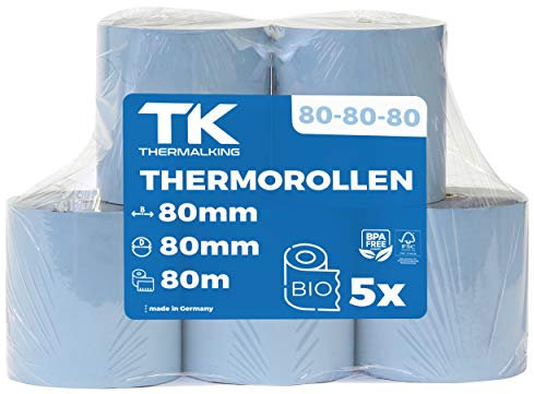 THERMALKING - ÖKO - Thermorollen 80mm x 80m x 12mm [für Bondrucker wie Epson, IBM & co.] - Bonrollen 80x80x12 Thermo - Thermopapier - Geeignet für Drucksysteme mit Papierbedarf bis 80m (5 Stk)