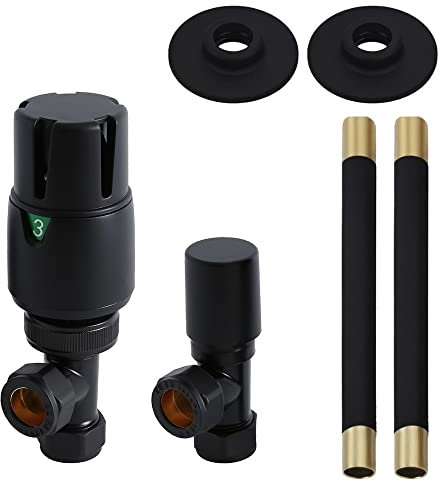 Milano Black Angled Thermostatic Heated Towel Rail Radiator Valves Pipe Connector Kit