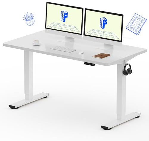FLEXISPOT EG1 Standing Desk 140 x 80 x (73-123 cm) Electric Height Adjustable 2-Tier Electric Desk with Single Motor, Home Office, 2 Button Panel (White Frame+White Tray)