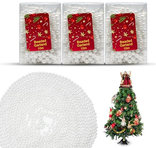 3x Pearl White 10M Christmas Bead Chains, Luxury Plastic Garland for Xmas Tree Hanging Ornaments, Shiny Shatterproof Bead Garland, Home, Window, Party and Wedding Décor