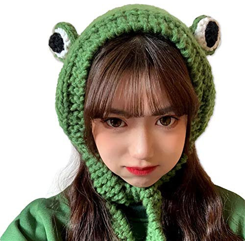 Tocwick Frosch Strickmütze Hut Wolle Gestrickt Mütze Großes Auge Süß Niedlich Stirnband Gehäkelt Ohrenschutz Valentinstag Cosplay Damen Mädchen (Grün)