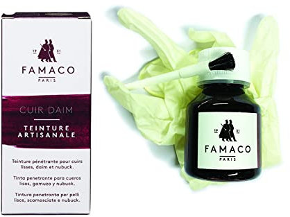 Famaco - Kit de Teinture Artisanal 50ml - Couleur MARINE - Teinture Pénétrante pour Cuir Lisse et Daim - Contient un Pinceau et un Gant