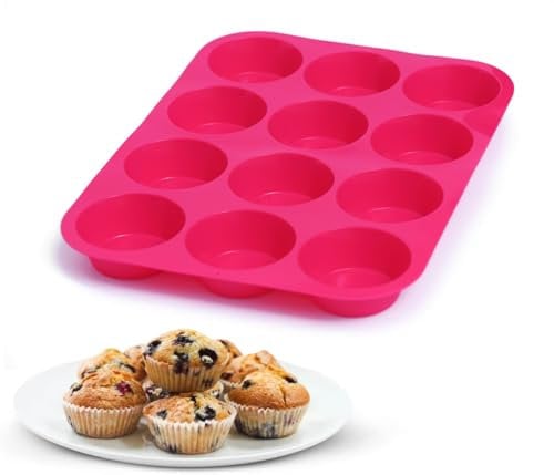 Dessyz Muffin Trays for Baking 12 Cups – Premium Silicone Non-Stick Cupcake Tray for Yorkshire Pudding, Baked Goods & Sweets – Dishwasher Safe Muffin Tin – 33 x 24.6 x 3cm (Pink, 1 Pack - 12 Cups)