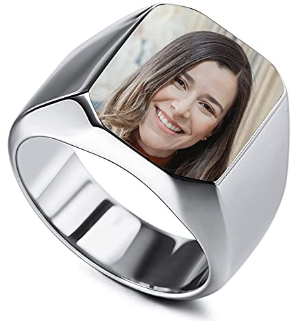 MunkiMix Personalisierter Edelstahl Siegelring Personalisierter Farbfoto für Männer Frauen Paare Beste Freunde mit Ringgrößenverstellung (Silber Farbe Größe 70)