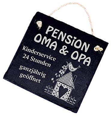 DEKO-LANDO Schild Pension Oma und Opa - ganzjährig geöffnet - aus Schiefer - (11 x 11 x 0,5 cm), schwarz