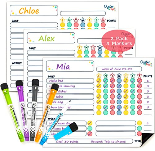 Magnetic Chart Set for Multiple Kids & Adults - Fine Tip Markers - Dry Erase Refrigerator Boards - Reward Good Behaviour & Responsibility - Organise The Family (White)