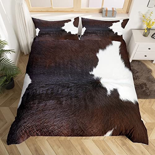 Loussiesd Kuhfell Bettwäsche Set 135x200cm Kinder Bauernhof Tier Kuhfell Betten Set für Mädchen Jungen Braun Weiß Kuhhaar Bettbezug Set Damen Herren Bauernhaus Tierhaar Zimmerdeko