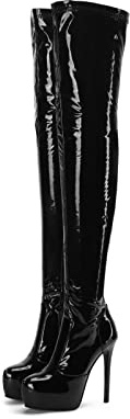 Frankie Hsu Stivali sopra il ginocchio con tacco alto con plateau a spillo, stivali da coscia neri con tacco alto, in pelle verniciata, stretti e stretti, nero, 37.5 EU