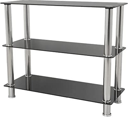 mahara Black Glass Shelving Unit - 3 Tier Rectangular Tempered Safety Glass Shelves Max 7kg Each Shelf - Premium Storage Unit W90cm x D36cm x H76cm - Bedroom, Living Room, Home Accessories, Bathroom