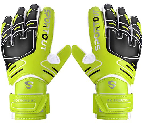 Sportout Torwarthandschuhe, Fußballhandschuhe mit Fingersave, Torwarthandschuhe Kinder,Herren mit rutschfeste 4mm Latex, Torwart Handschuhe für Kinder, Erwachsene und Jugendliche (Green, 7)