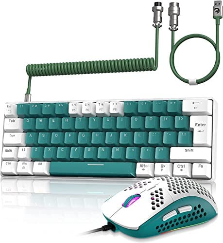 ZIYOU LANG Wired Gaming-Tastatur und Maus Combo mit Spiral USB-C Kabel T60 Pro - Kompakt 60% UK Layout(QWERTY) Mechanische Tastatur Klicke Blue Switch, 6400DPI Ultra-Light RGB Mäuse für PC/Mac - Grün