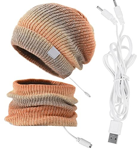 MoreChioce Beheizbare Beanie-Mütze und Nackenwärmer-Set, 2 in 1 5V Wintermütze Schal Set USB Wiederaufladbarer Elektrischer Nackenwärmer Beheizte Beanie-Mütze Strickmütze für Damen Herren,Orange
