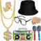 DONGZQAN 80er Jahre Accessoires Herren, Rapper Outfit, 7 Stück Hip Hop Kostüm Kit, Rapper Kostüm, Einschließlich Halsketten, Ringe, Radioboxen und Andere Kleidung Der 80er / 90er Jahre