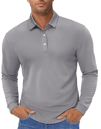 TACVASEN Polo Shirts for Men Adult Long Sleeve Shirts Quick Dry Shirts Lightweight Summer Tops Light Grey,S