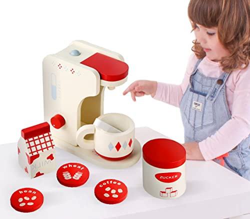 Sobebear kids Wooden Coffee Maker Machine Playset, Pretend Play Food Set, Realistic & Colorful Wooden Coffee Kitchen Fun Learning Game Accessories Suitable Gift for 3+ Ages Children