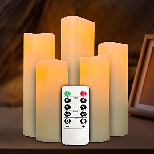 LED Flammenlose Kerzen flackernde Batteriekerzen: Set mit 5 elfenbeinfarbenen, D5.5 x H12/15/17/20/22CM betriebene Flamme mit Fernbedienung 24-Stunden-Timer-Funktion Kerze für Festival Heimdekoration