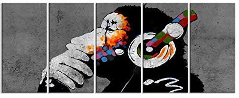 decomonkey - Tableau Acoustique Banksy 150x60 5 Pièces - Impression sur Toile Décoration Maison Isolation Peinture Image Phonique Déco Bureau Graffiti singes peinture murale musique animaux