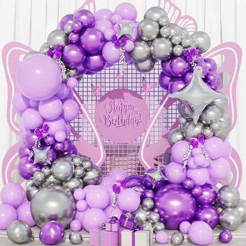 Arco Palloncini Viola, 134 Pz Kit Ghirlanda Palloncino Argento Viola, con Stella Palloncino per Compleanno Ragazze Donne Matrimonio Anniversario Baby Shower Battesimo Laurea