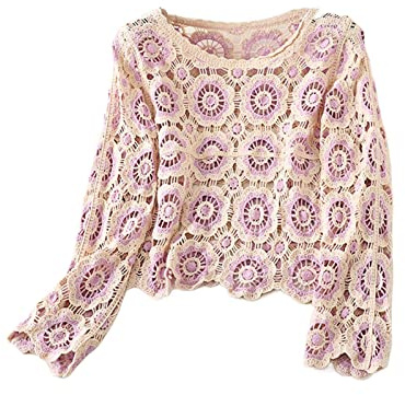 Women's Crochet Button Down Cardigan Knit Sweater Long Sleeve V Neck Hollow Out Jumper Beach Floral Cover Up