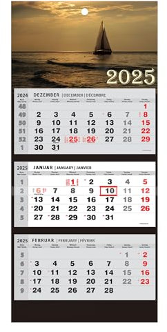 JAROGRAF Wandkalender 2025 – 3-Monats-Kalender mit praktischem Wandplaner für effiziente Jahresplanung, Feiertage, Schulferien und wichtige Termine (Segelboot) Dreimonatskalender