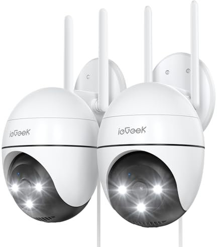 ieGeek 2K Camara Vigilancia WiFi Exterior con Eléctrico, PTZ 355°, Detección de Humano, Seguimiento Automático, Visión Nocturna Color, Alarma de Luz y Sonido, Grabación Continua(2 PCS)