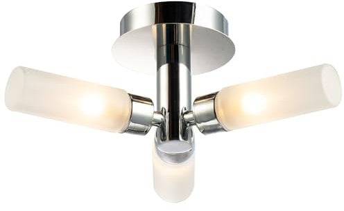 Happy Homewares Modern Polished Chrome IP44 Rated Bathroom Ceiling Light Fitting with Tubular Frosted Glass Shades | 3 x 18w G9 Required | 31cm x 12cm