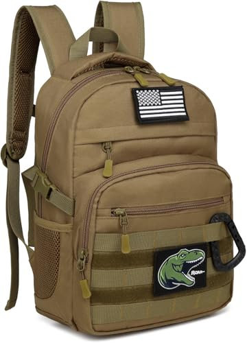 SLINRKE Taktischer Kinder-Rucksack, 20 l, Militär, Grundschule, Jungen, Rucksack, Armee, Büchertasche mit Patches, Braun, 10.6 (L) x 3.9 (W) x 15.7 (H) inches, Taktischer Kinder-Rucksack