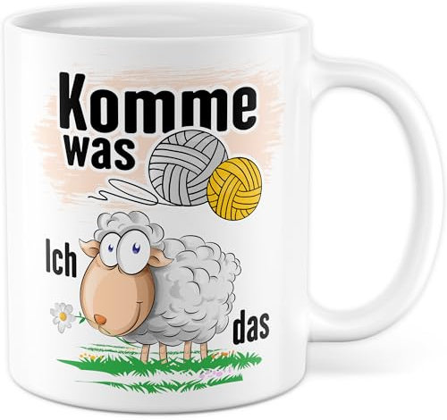 Häkeln Tasse mit Spruch - Geschenk Komme was Wolle - ich Schaf das - Kaffeetasse 330ml aus Keramik - Stricken Strickzubehör Kollegin Freundin Geschenkidee lustig Teetasse Kaffee-Becher