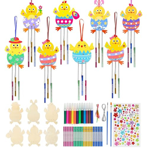 61 Stück Ostern Windspiel Bastelset, Ostern Basteln Holz mit Pinsel, Basteln Frühling Kinder, Osterbasteln zum Bemalen, Klangspiele Osterdeko zum Sufhängen, Ostern Geschenk für Kinder