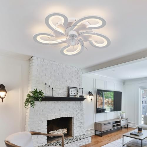 Moderna LED flor Lampara Ventilador Techo Motor DC Silencioso 6 Velocidades Dormitorio Ventilador De Techo Con Luz Y Mando A Distancia 3000K-6000K Funciones De Invierno Y Verano-White