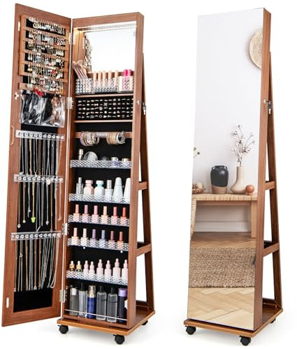 COSTWAY 360° Swivel Jewellery Cabinet, 3-Color LED Lights Lockable Jewelry Armoire with Full Length Mirror, Large Storage and Wheels, Mobile Freestanding Jewellery Organiser Unit Gift (Brown)