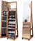 COSTWAY 360° Swivel Jewellery Cabinet, 3-Color LED Lights Lockable Jewelry Armoire with Full Length Mirror, Large Storage and Wheels, Mobile Freestanding Jewellery Organiser Unit Gift (Brown)
